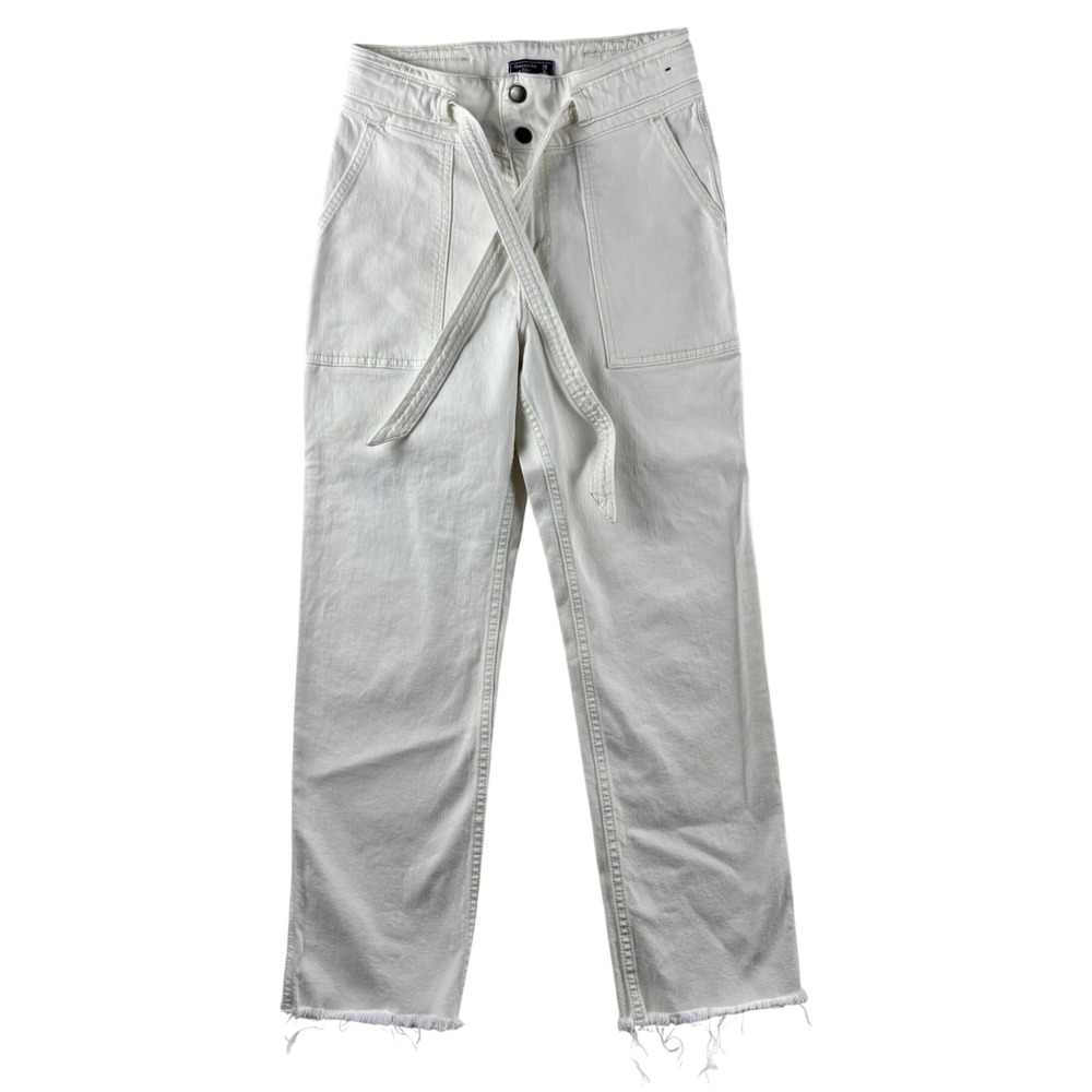 Abercrombie Fitch Ultra High‎ Rise Straight Jeans White Belted Raw Hem Size 28